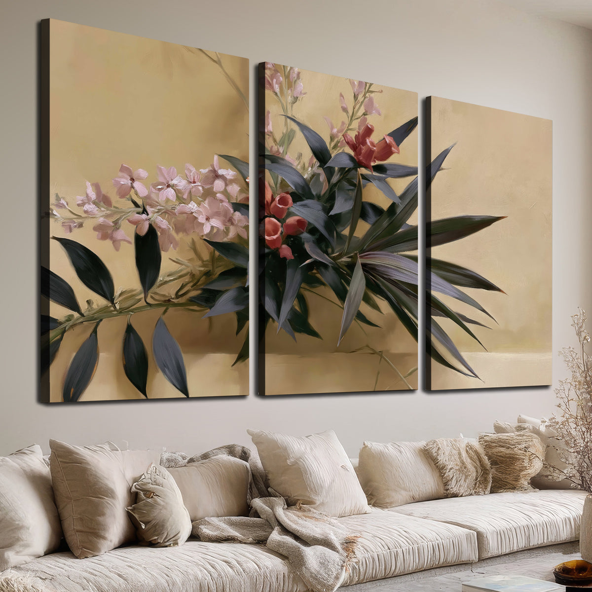 Long dark leaves and dusty pink flowers arranged against a soft beige background 3 piece canvas wall art room and product view
