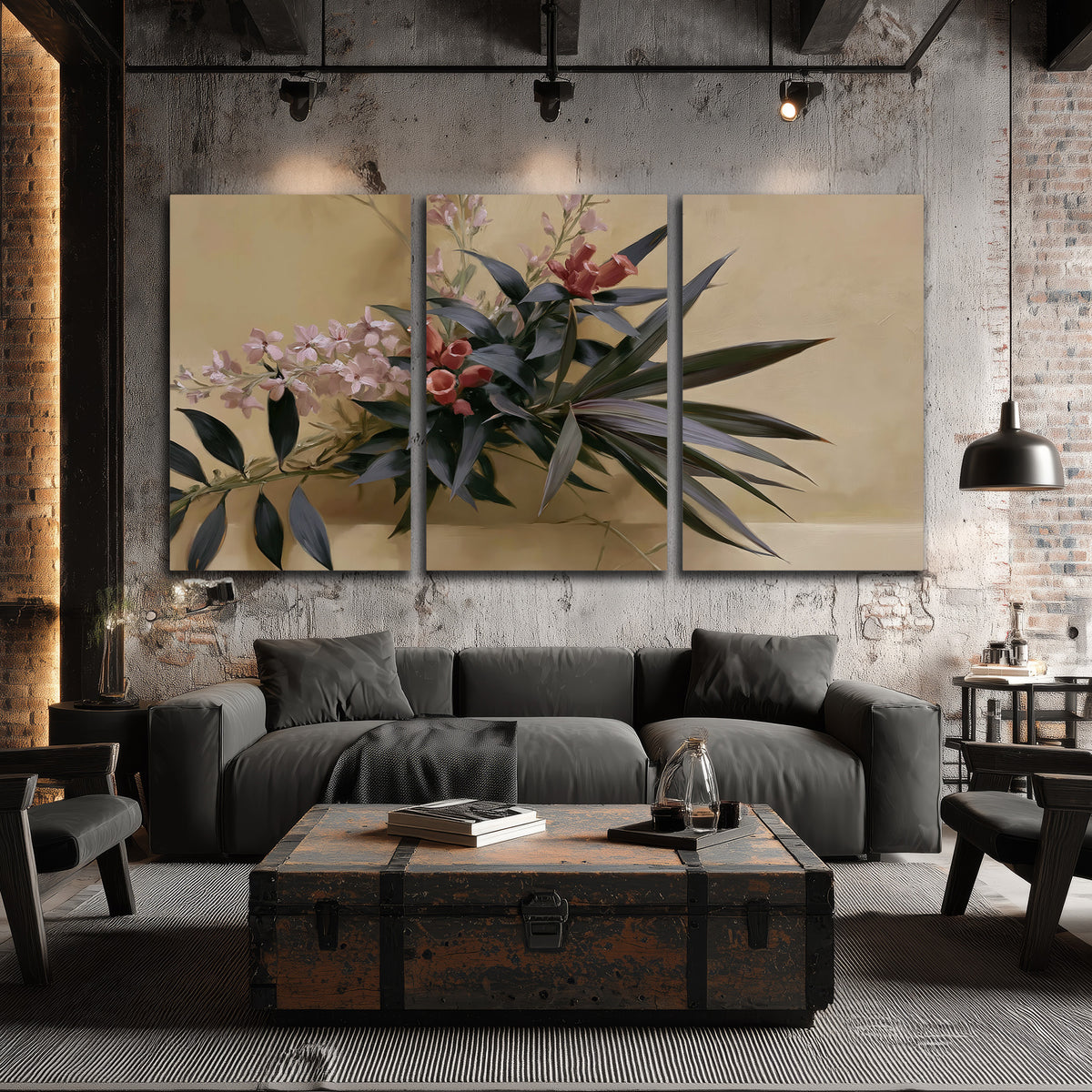 Long dark leaves and dusty pink flowers arranged against a soft beige background 3 piece canvas wall art displayed in a industrial room