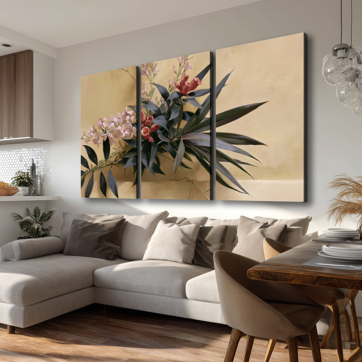 Long dark leaves and dusty pink flowers arranged against a soft beige background 3 piece canvas wall art room and product view