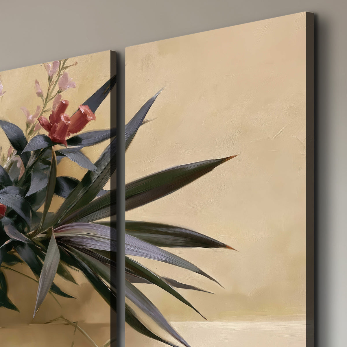 Long dark leaves and dusty pink flowers arranged against a soft beige background 3 piece canvas wall art room and product view