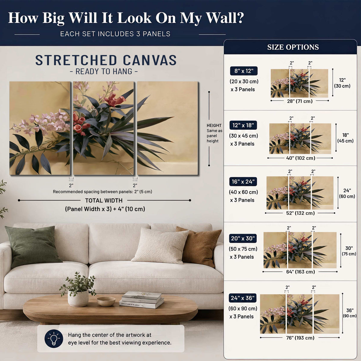 Long dark leaves and dusty pink flowers arranged against a soft beige background 3 piece canvas wall art size guide above a sofa; room view is illustrative