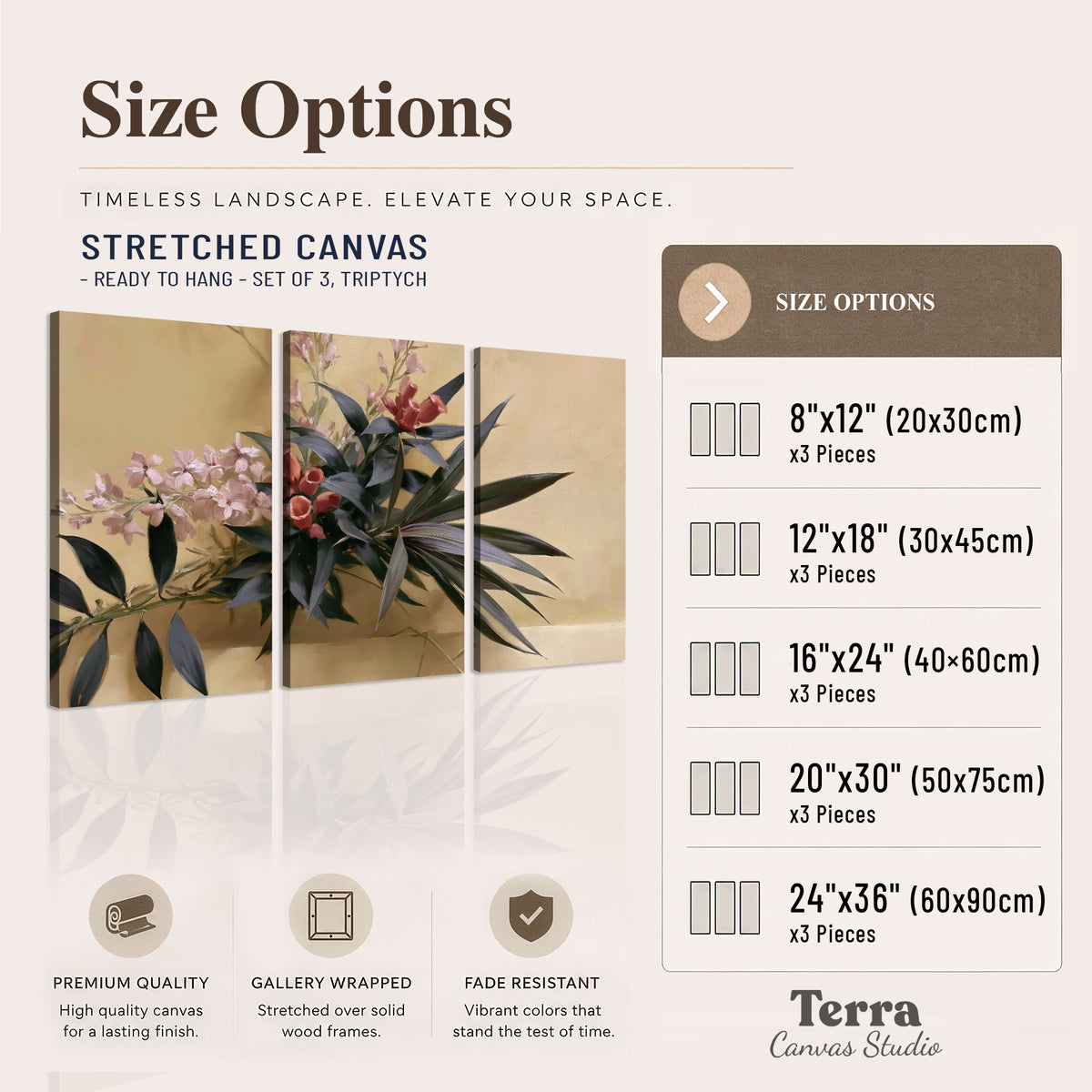 Long dark leaves and dusty pink flowers arranged against a soft beige background 3 piece canvas wall art available dimensions; triptych dimensions are per panel