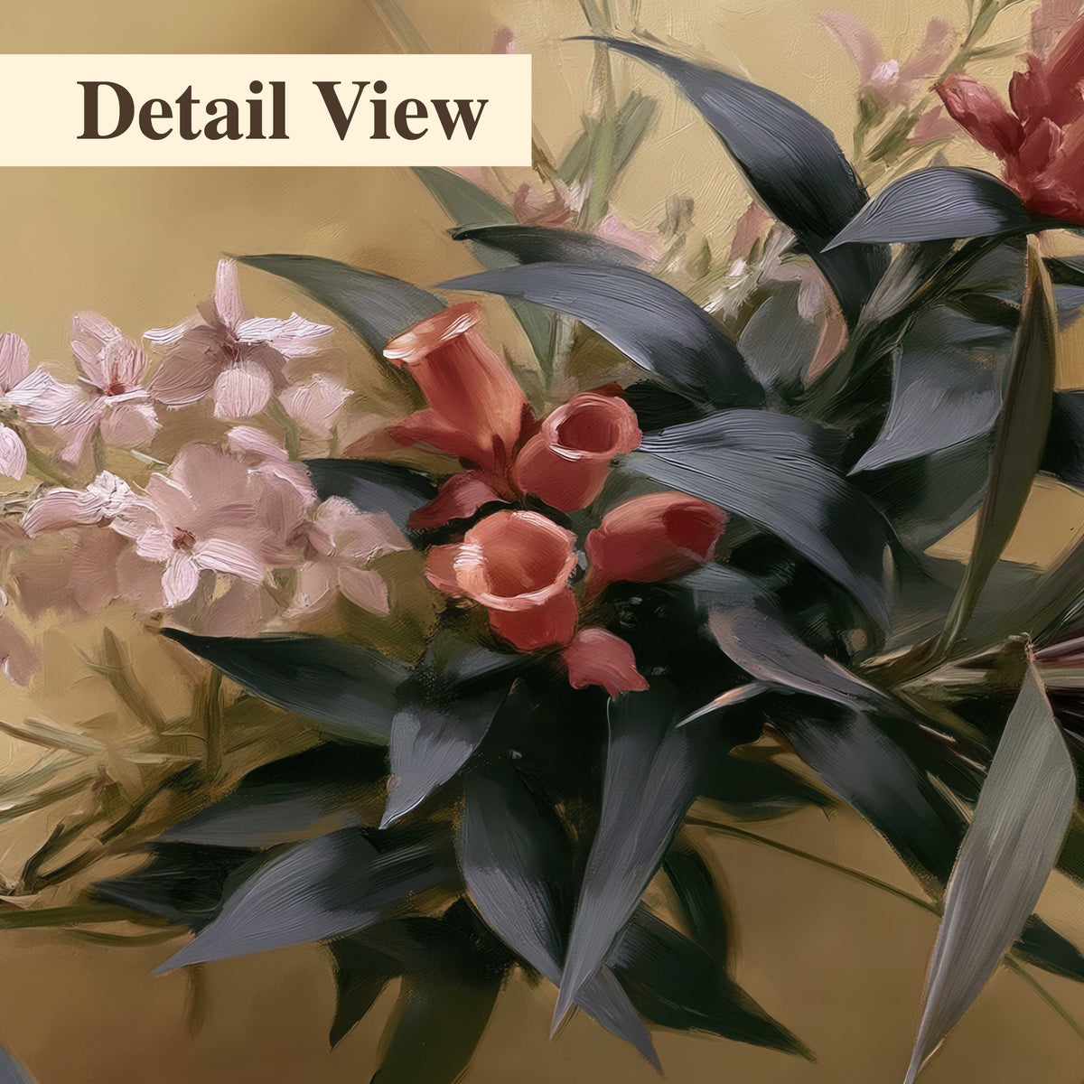 Long dark leaves and dusty pink flowers arranged against a soft beige background 3 piece canvas wall art artwork detail close up