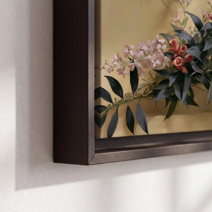 Long dark leaves and dusty pink flowers arranged against a soft beige background 3 piece framed canvas wall art material and edge close up