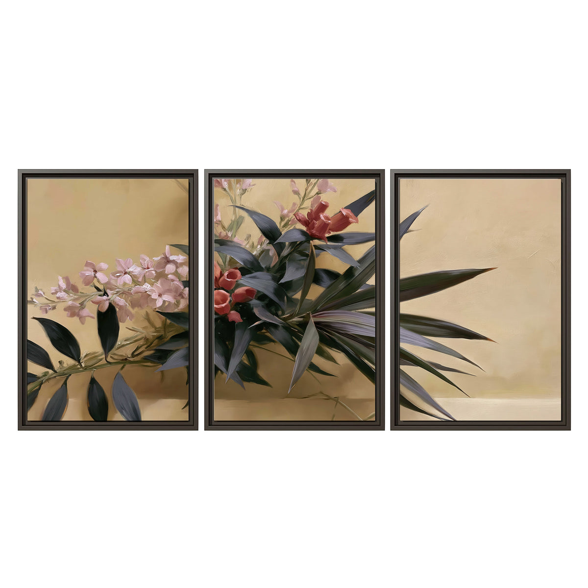 Long dark leaves and dusty pink flowers arranged against a soft beige background 3 piece framed canvas wall art viewed straight on