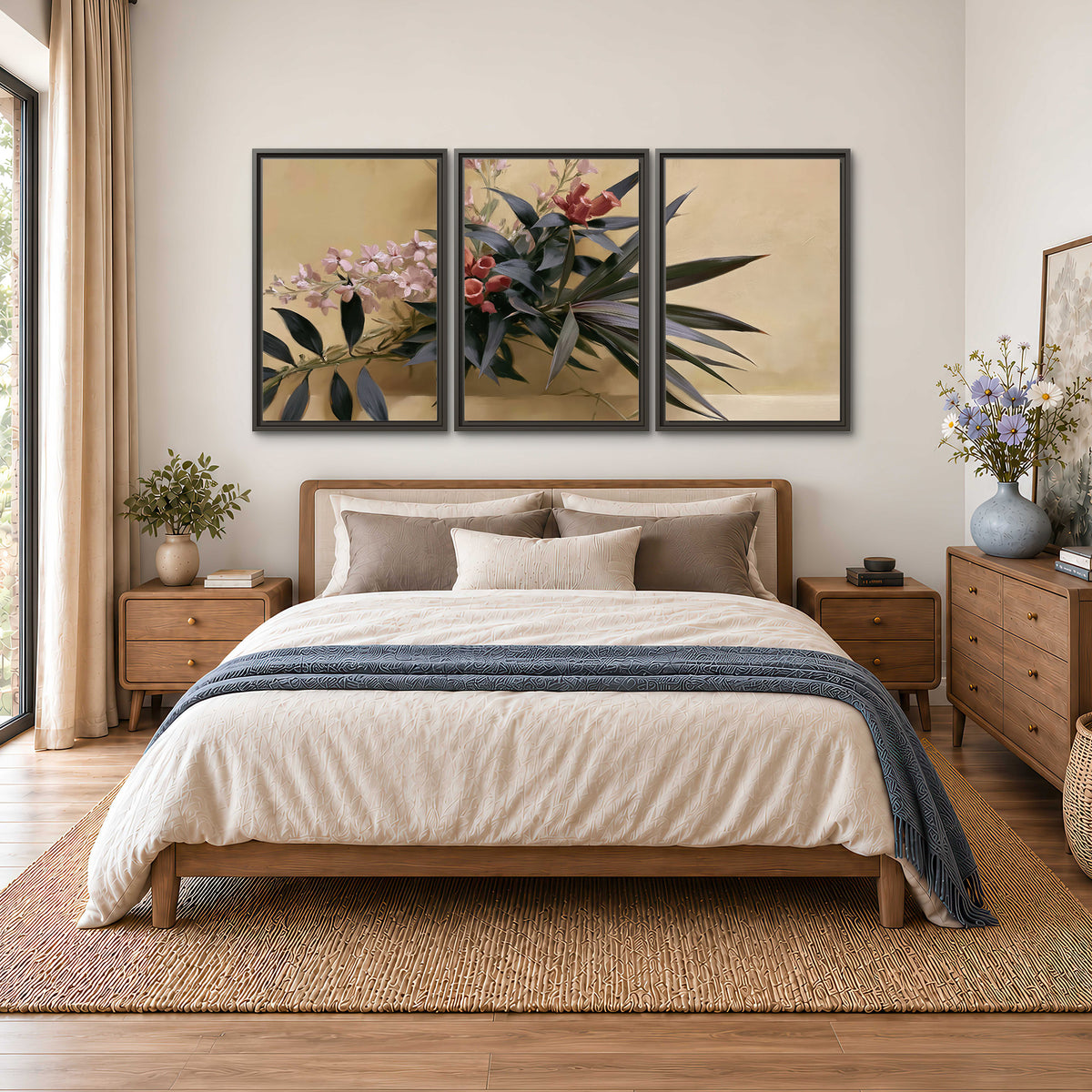 Long dark leaves and dusty pink flowers arranged against a soft beige background 3 piece framed canvas wall art styled in an interior