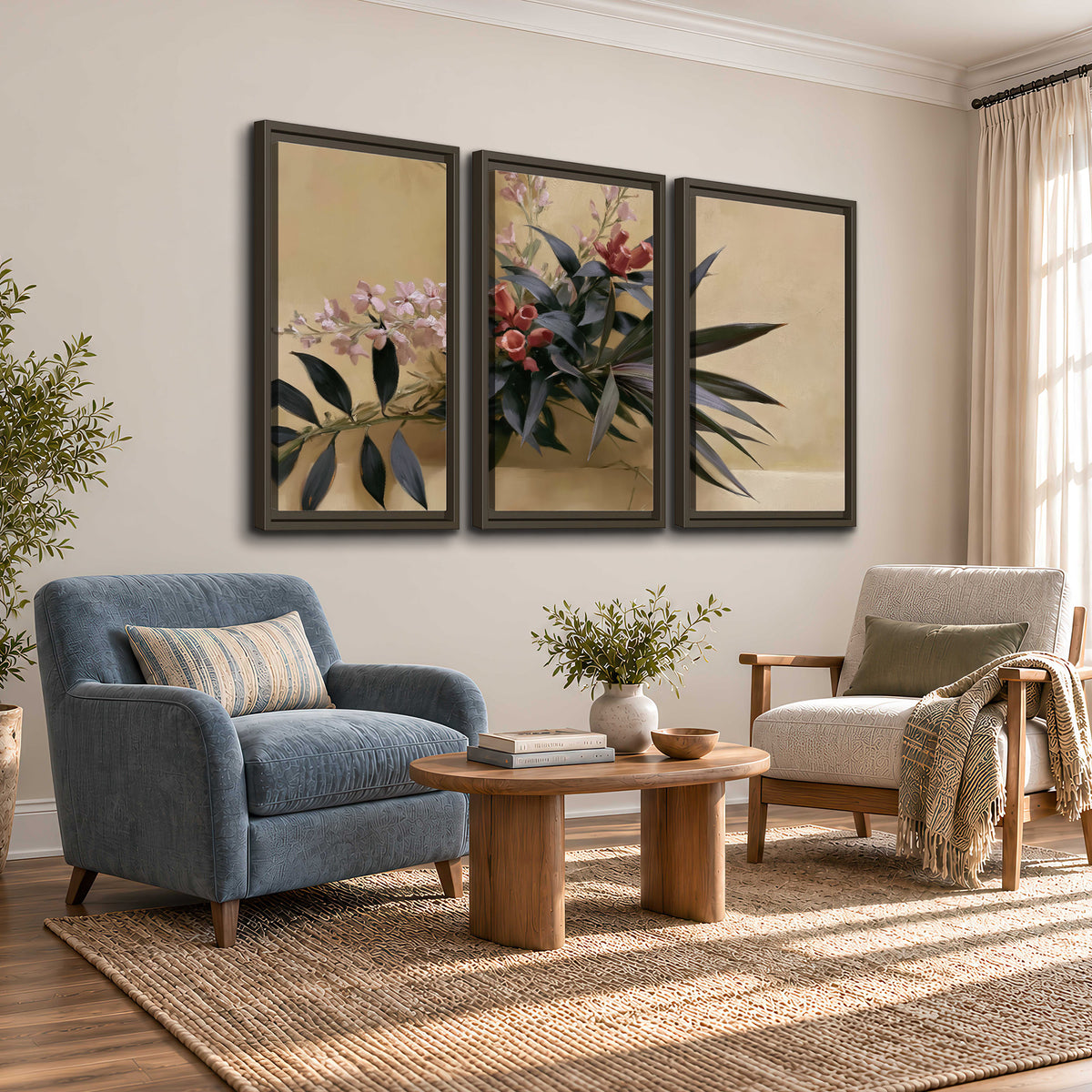 Long dark leaves and dusty pink flowers arranged against a soft beige background 3 piece framed canvas wall art styled in an interior