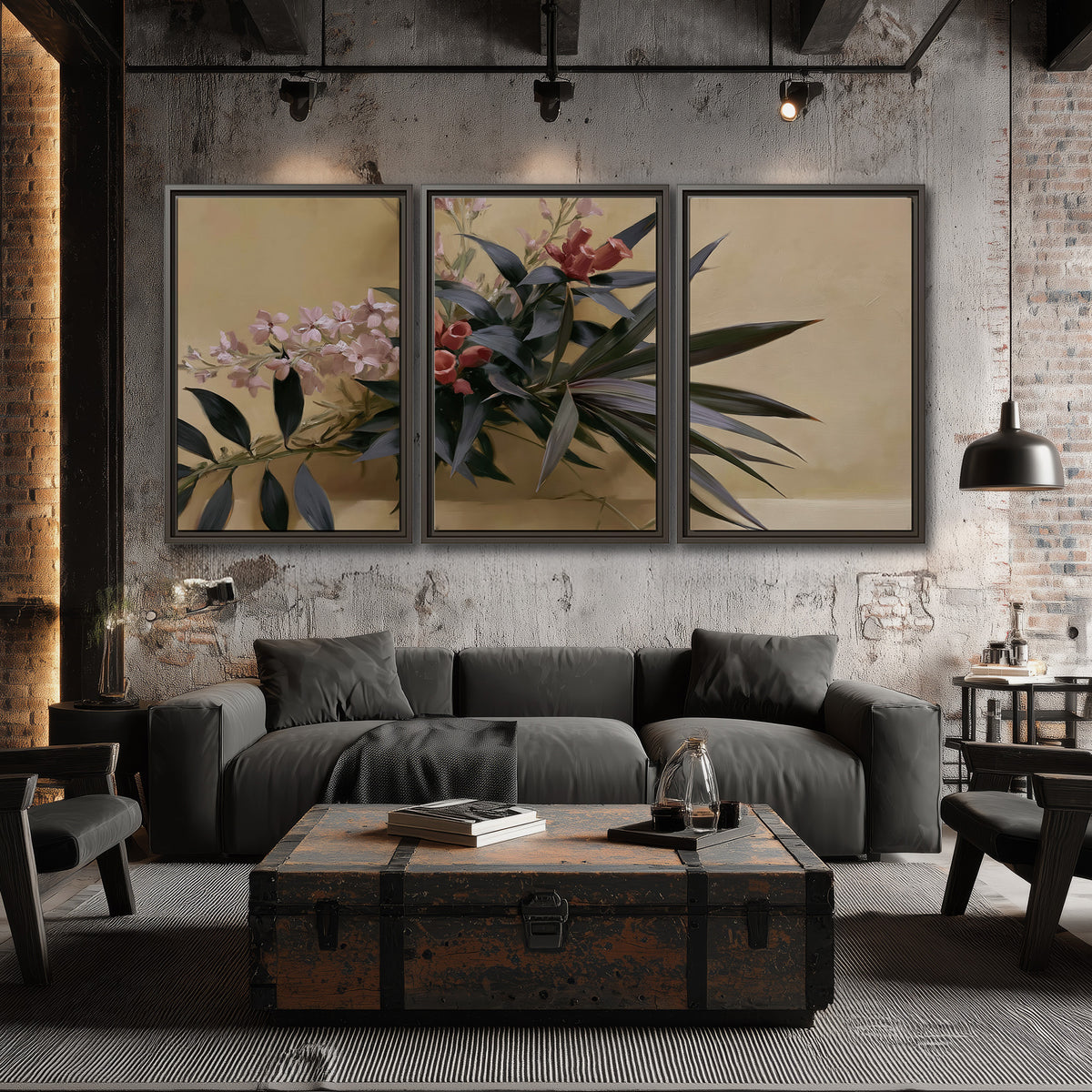 Long dark leaves and dusty pink flowers arranged against a soft beige background 3 piece framed canvas wall art displayed in a industrial room