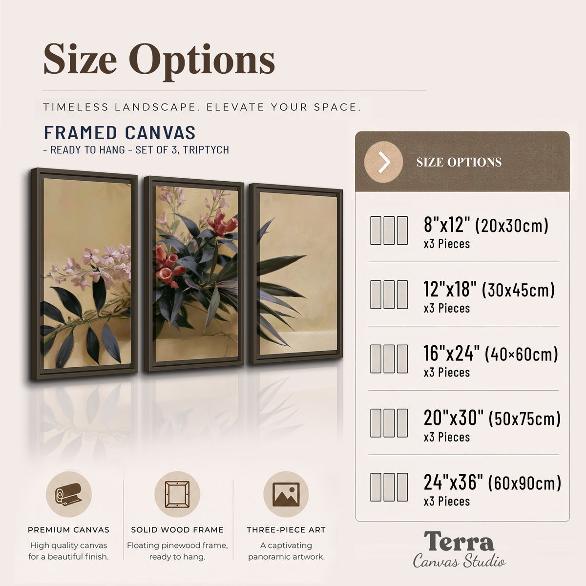 Long dark leaves and dusty pink flowers arranged against a soft beige background 3 piece framed canvas wall art available dimensions; triptych dimensions are per panel