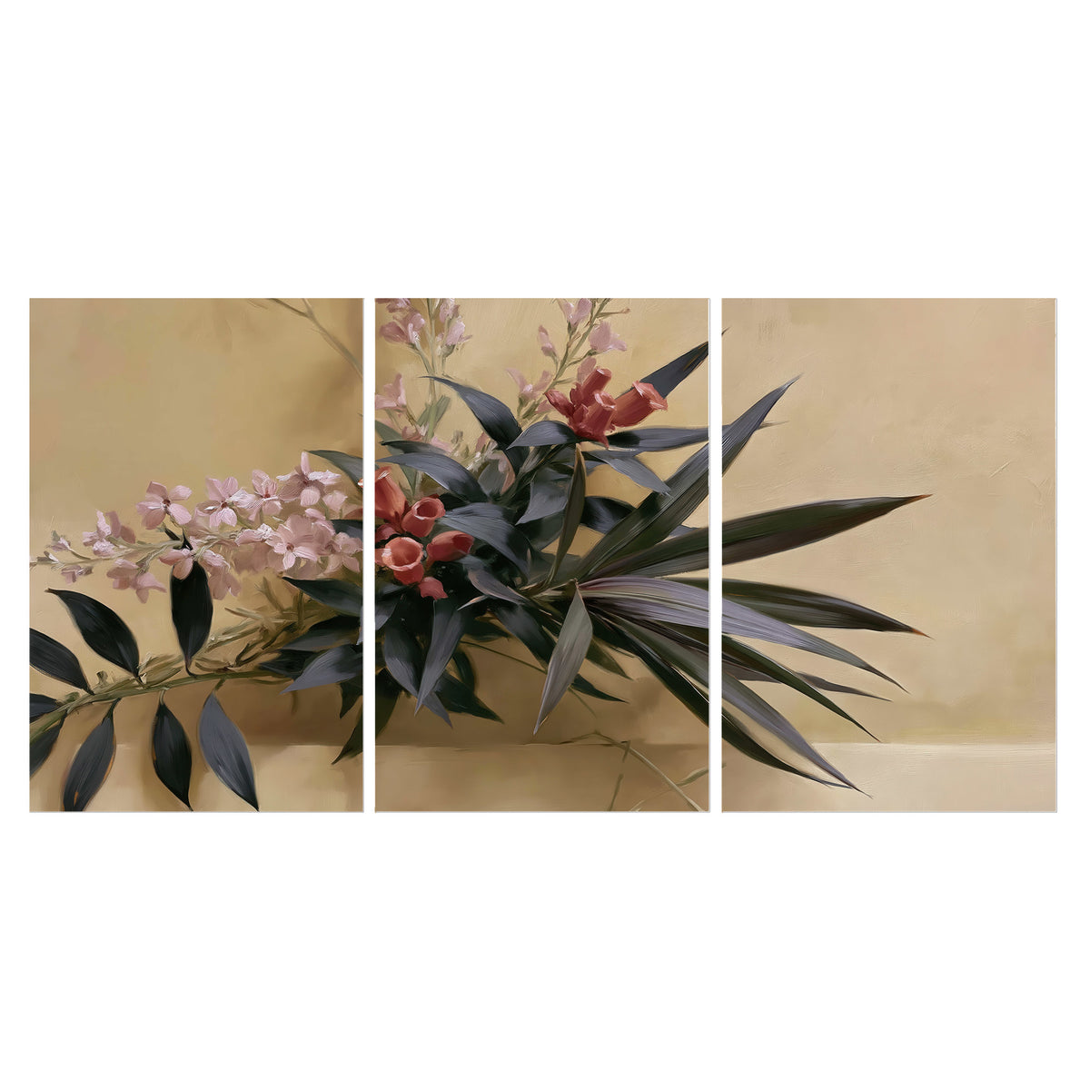 Long dark leaves and dusty pink flowers arranged against a soft beige background set of 3 poster prints viewed straight on