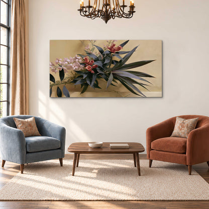 Long dark leaves and dusty pink flowers arranged against a soft beige background single canvas wall art styled in an interior
