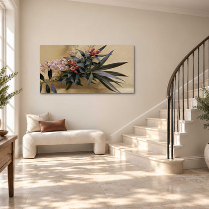 Long dark leaves and dusty pink flowers arranged against a soft beige background single canvas wall art styled in an interior