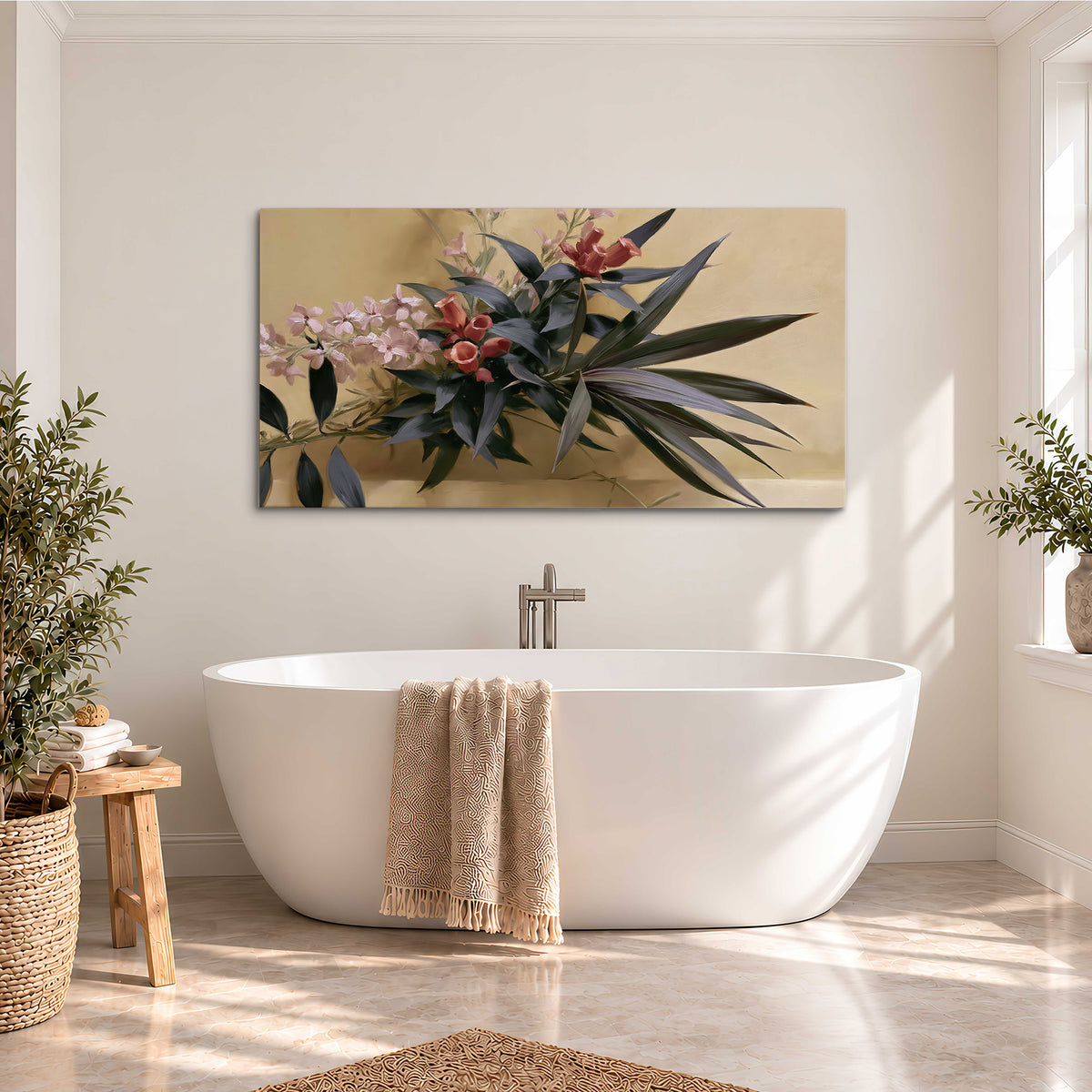 Long dark leaves and dusty pink flowers arranged against a soft beige background single canvas wall art styled in an interior