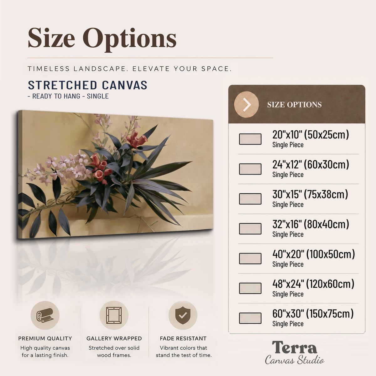 Long dark leaves and dusty pink flowers arranged against a soft beige background single canvas wall art available dimensions