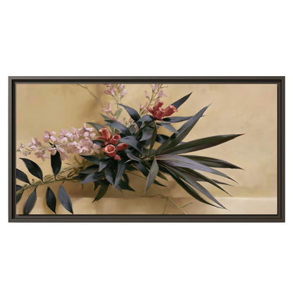 Long dark leaves and dusty pink flowers arranged against a soft beige background single framed canvas wall art viewed straight on