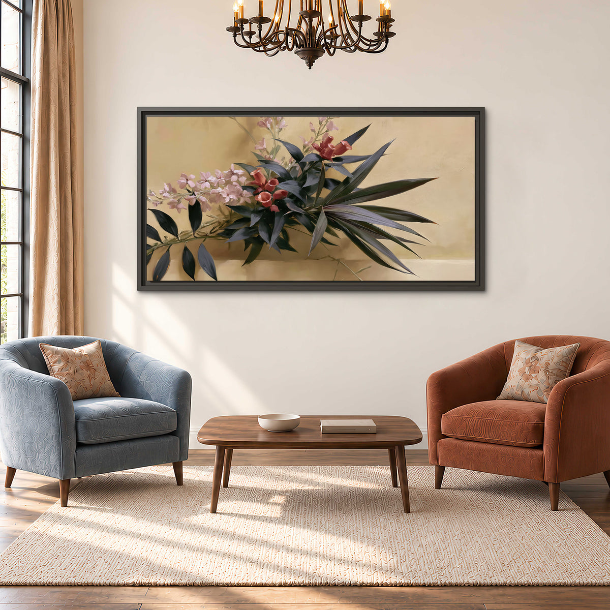 Long dark leaves and dusty pink flowers arranged against a soft beige background single framed canvas wall art styled in an interior