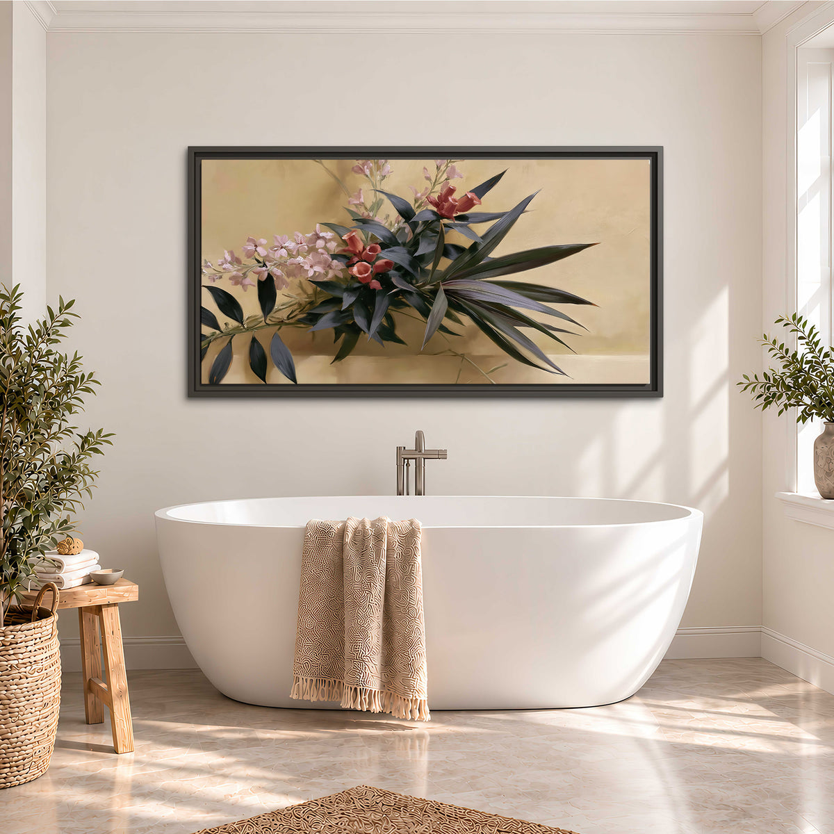 Long dark leaves and dusty pink flowers arranged against a soft beige background single framed canvas wall art styled in an interior
