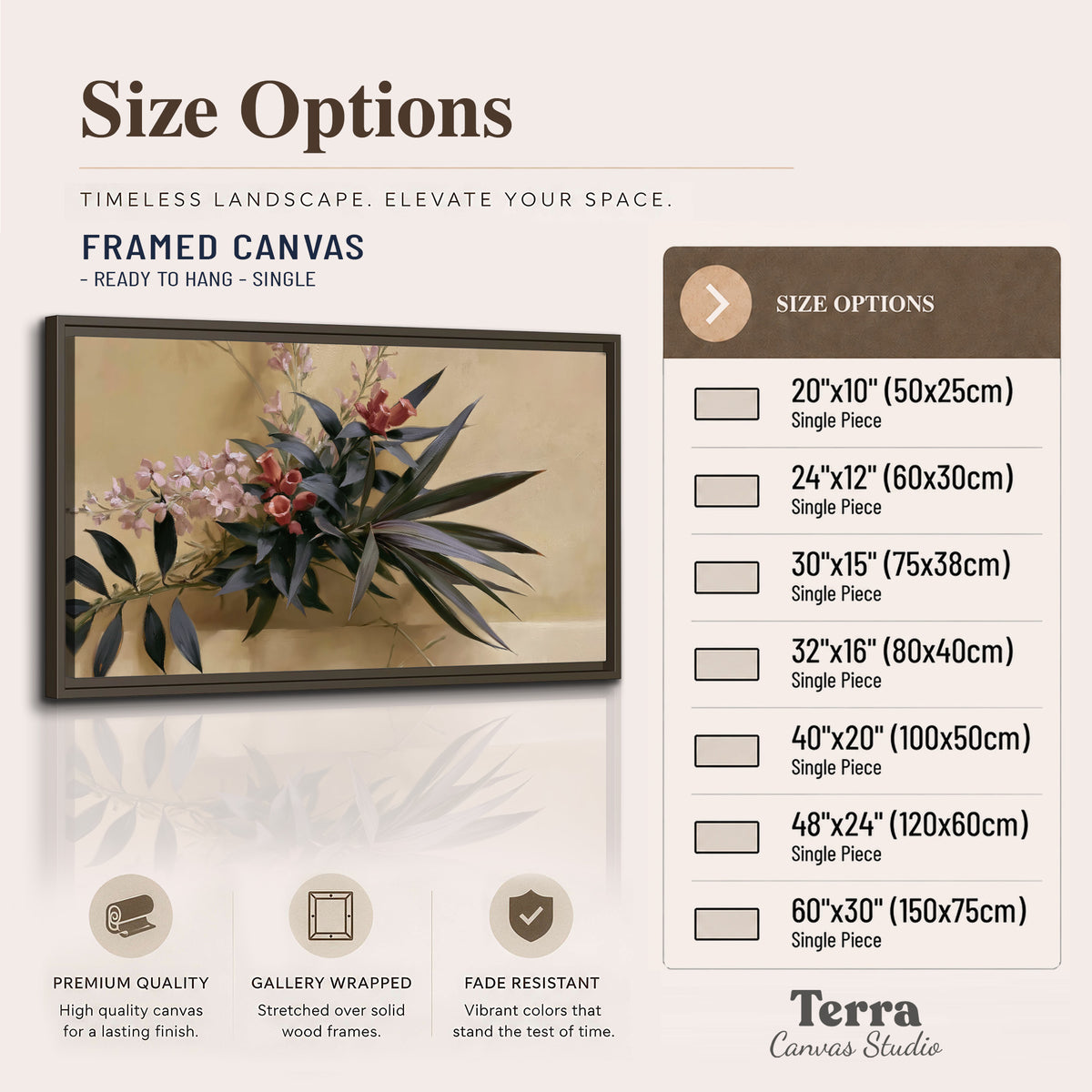 Long dark leaves and dusty pink flowers arranged against a soft beige background single framed canvas wall art available dimensions