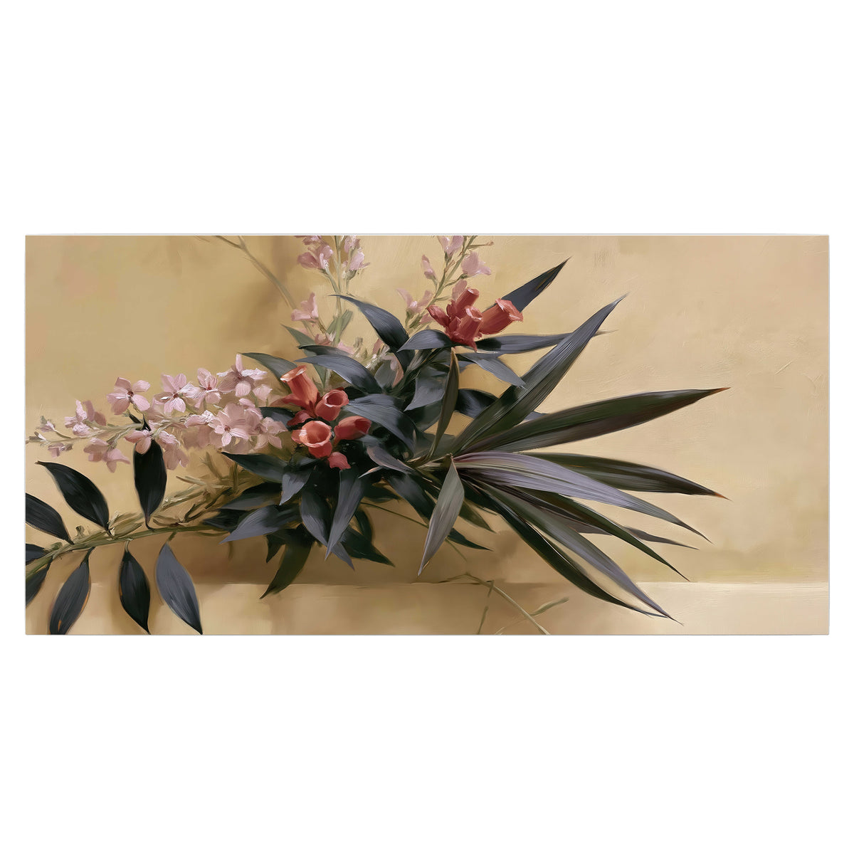 Long dark leaves and dusty pink flowers arranged against a soft beige background single poster print viewed straight on