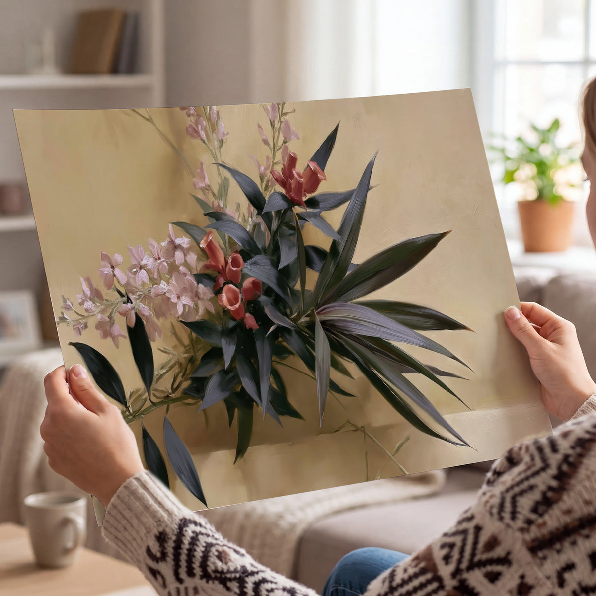 Long dark leaves and dusty pink flowers arranged against a soft beige background single poster print held in hands