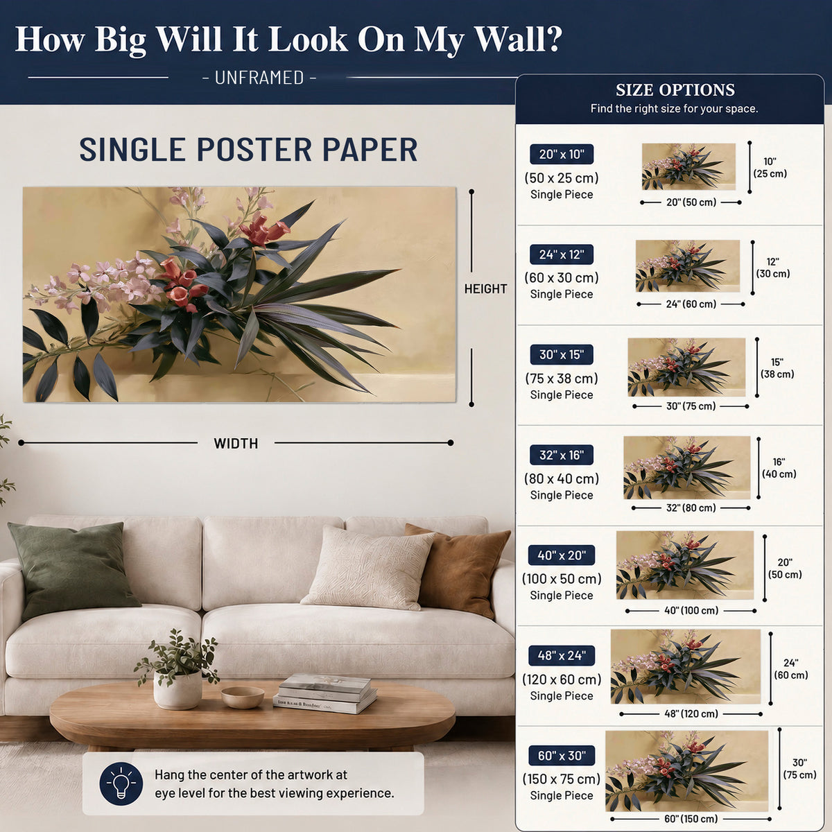 Long dark leaves and dusty pink flowers arranged against a soft beige background single poster print size guide above a sofa; room view is illustrative