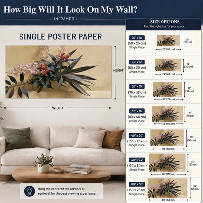 Long dark leaves and dusty pink flowers arranged against a soft beige background single poster print size guide above a sofa; room view is illustrative