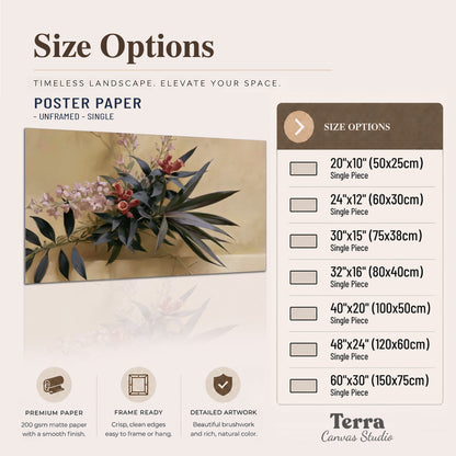 Long dark leaves and dusty pink flowers arranged against a soft beige background single poster print available dimensions