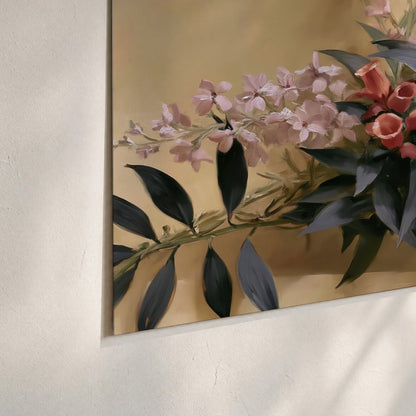 Long dark leaves and dusty pink flowers arranged against a soft beige background set of 3 poster prints material and edge close up