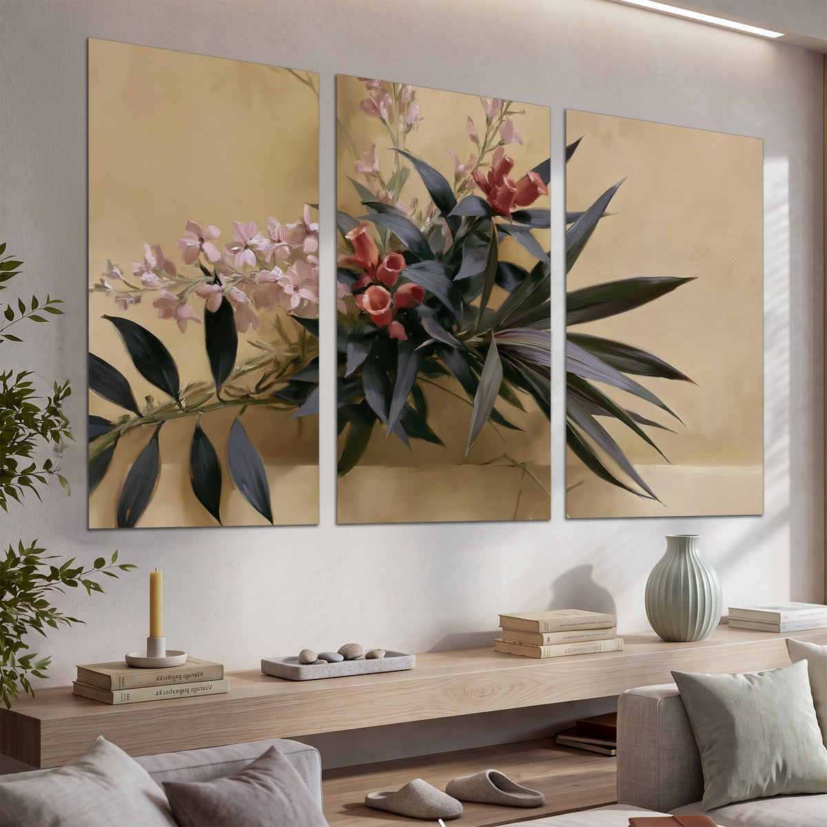 Long dark leaves and dusty pink flowers arranged against a soft beige background set of 3 poster prints displayed in a console