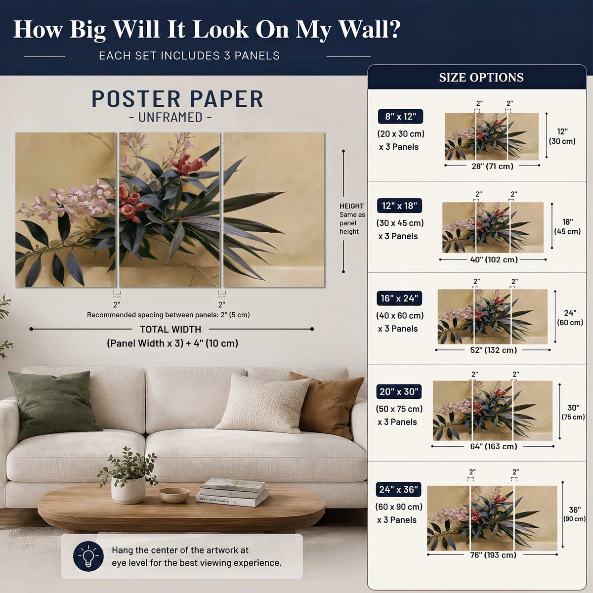 Long dark leaves and dusty pink flowers arranged against a soft beige background set of 3 poster prints size guide above a sofa; room view is illustrative