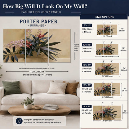 Long dark leaves and dusty pink flowers arranged against a soft beige background set of 3 poster prints size guide above a sofa; room view is illustrative