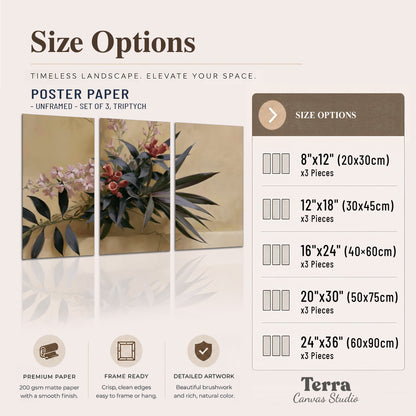 Long dark leaves and dusty pink flowers arranged against a soft beige background set of 3 poster prints available dimensions; triptych dimensions are per panel