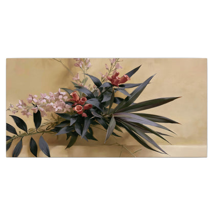 Long dark leaves and dusty pink flowers arranged against a soft beige background single canvas wall art viewed straight on