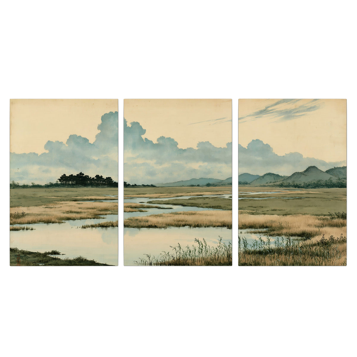 A calm marshland with reflective pools and distant blue-green hills under a clouded sky 3 piece canvas wall art viewed straight on
