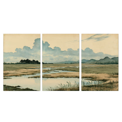 A calm marshland with reflective pools and distant blue-green hills under a clouded sky 3 piece canvas wall art viewed straight on