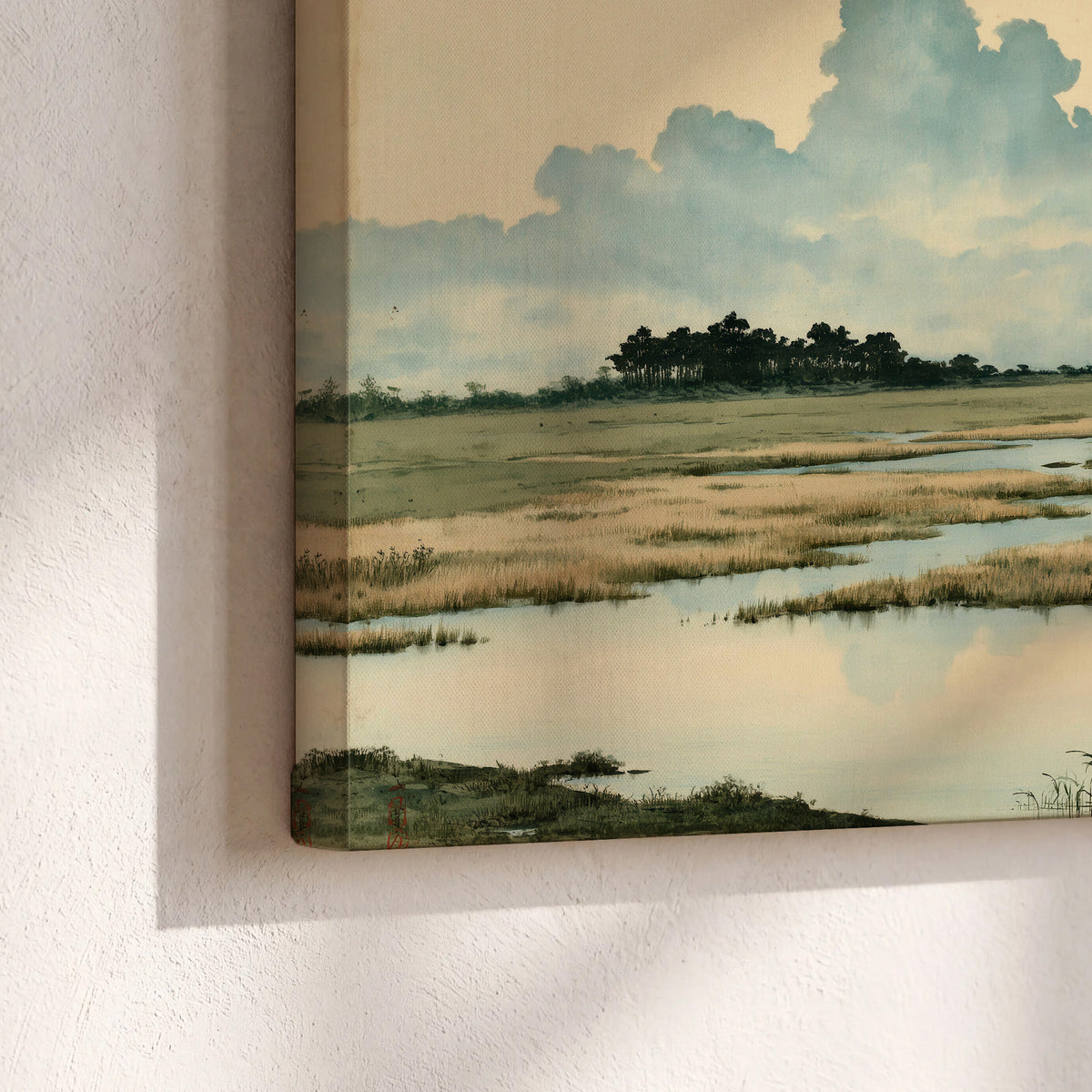 A calm marshland with reflective pools and distant blue-green hills under a clouded sky 3 piece canvas wall art material and edge close up
