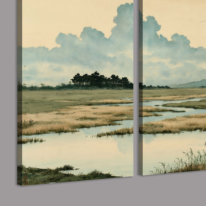 A calm marshland with reflective pools and distant blue-green hills under a clouded sky 3 piece canvas wall art room and product view