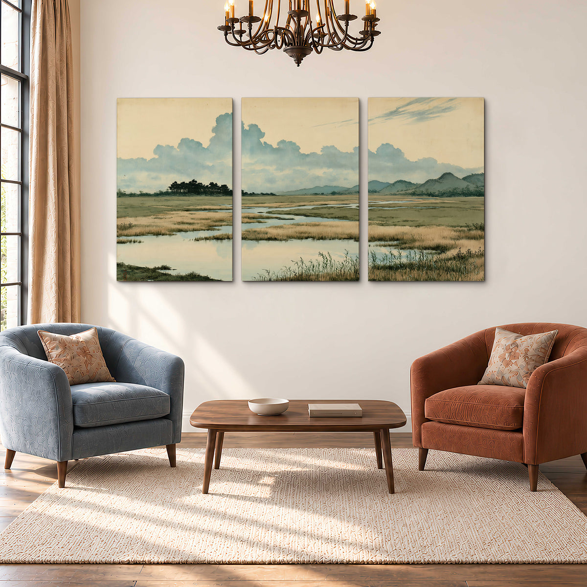 A calm marshland with reflective pools and distant blue-green hills under a clouded sky 3 piece canvas wall art styled in an interior