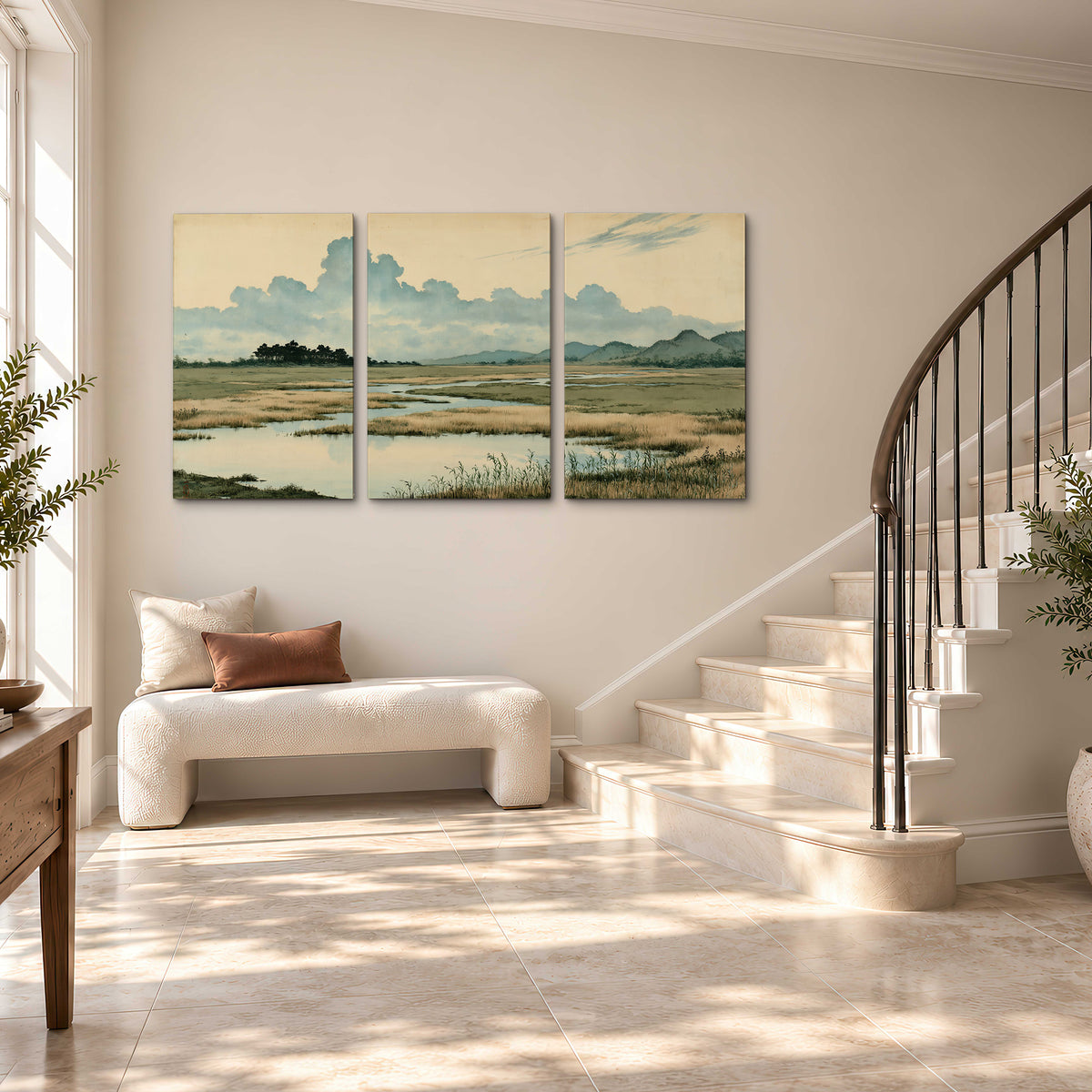 A calm marshland with reflective pools and distant blue-green hills under a clouded sky 3 piece canvas wall art styled in an interior
