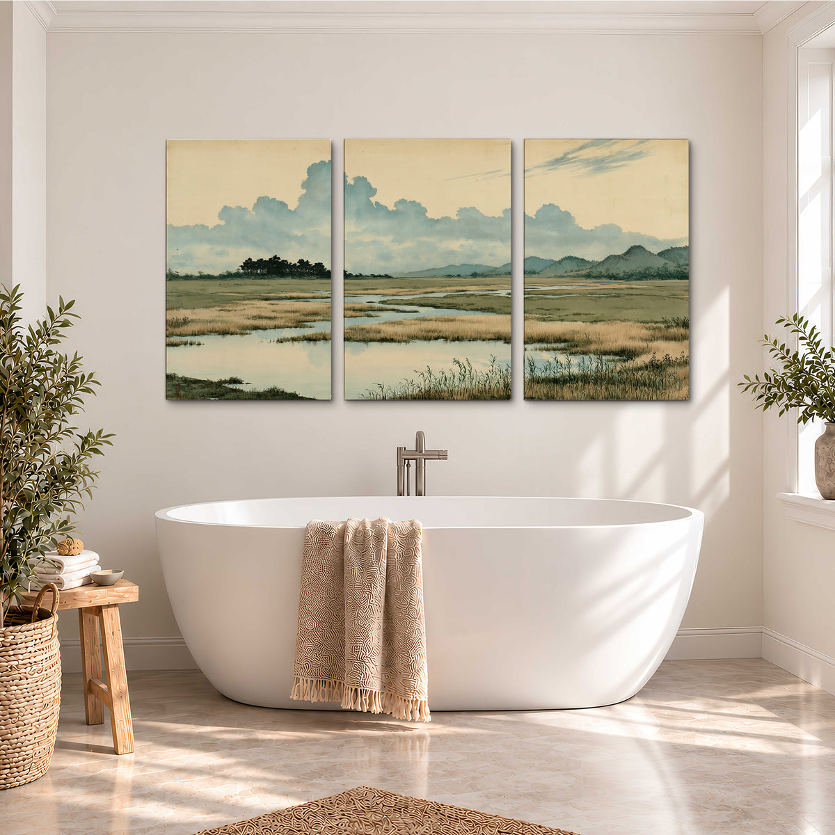 A calm marshland with reflective pools and distant blue-green hills under a clouded sky 3 piece canvas wall art styled in an interior