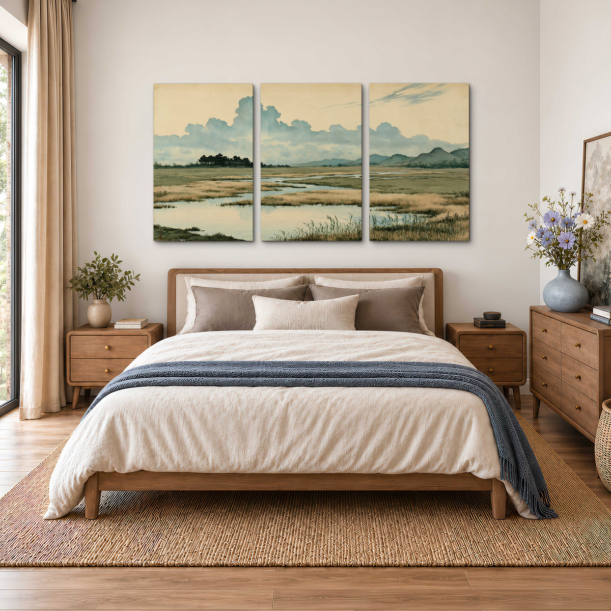 A calm marshland with reflective pools and distant blue-green hills under a clouded sky 3 piece canvas wall art styled in an interior
