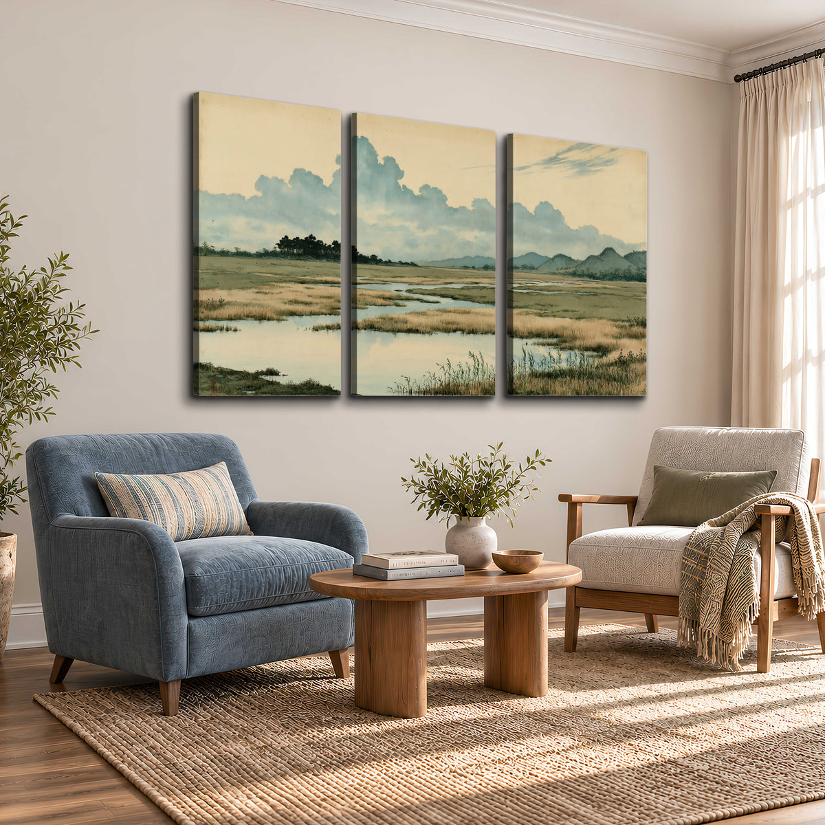 A calm marshland with reflective pools and distant blue-green hills under a clouded sky 3 piece canvas wall art styled in an interior