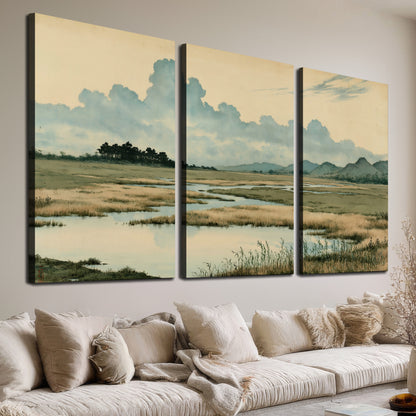 A calm marshland with reflective pools and distant blue-green hills under a clouded sky 3 piece canvas wall art room and product view