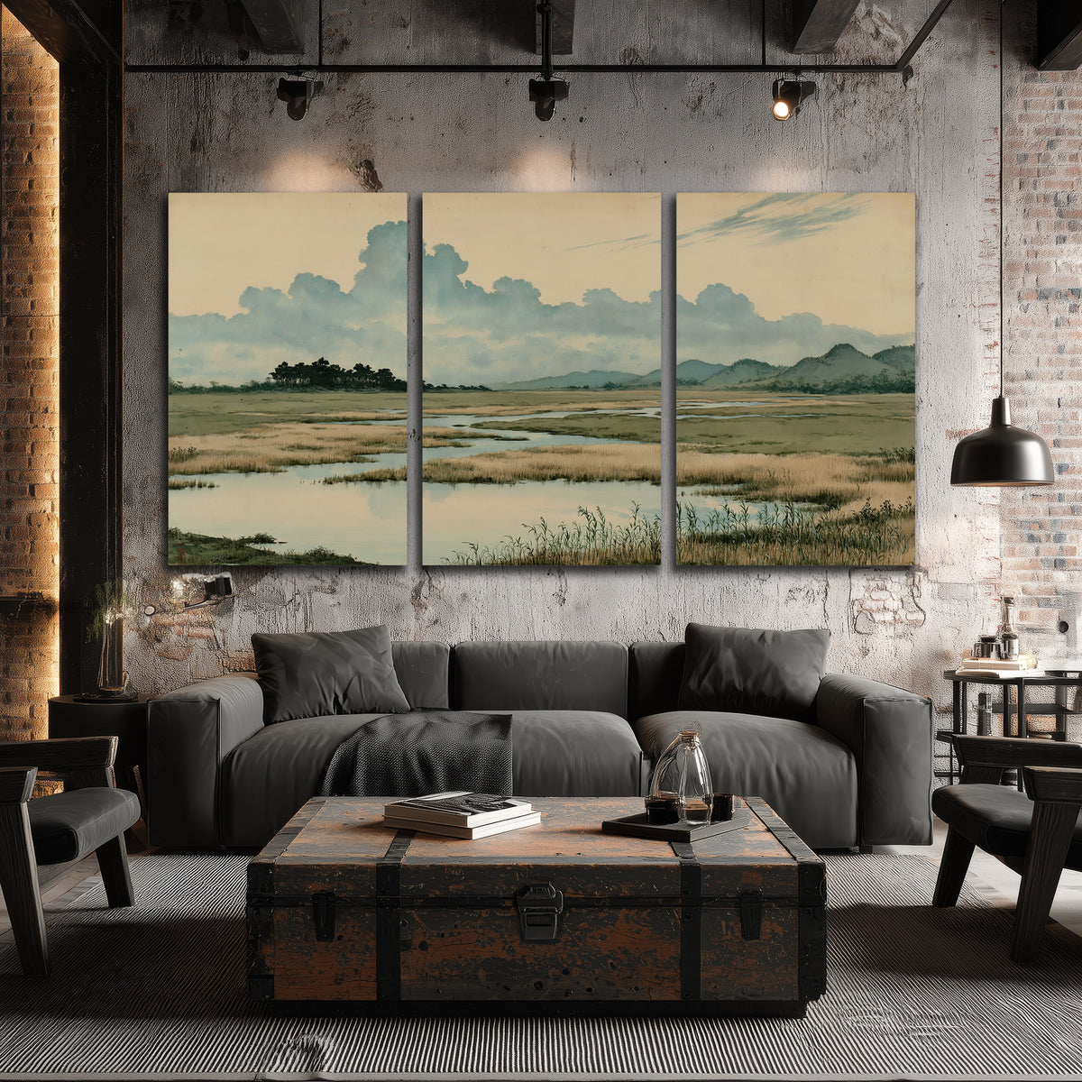 A calm marshland with reflective pools and distant blue-green hills under a clouded sky 3 piece canvas wall art displayed in a industrial room