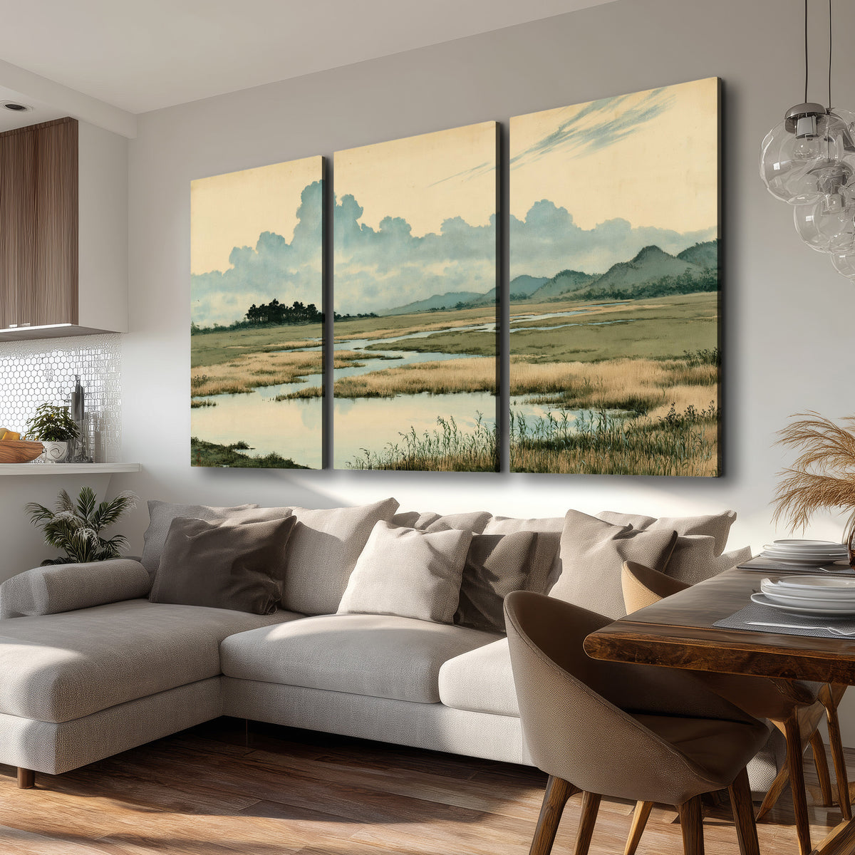 A calm marshland with reflective pools and distant blue-green hills under a clouded sky 3 piece canvas wall art room and product view