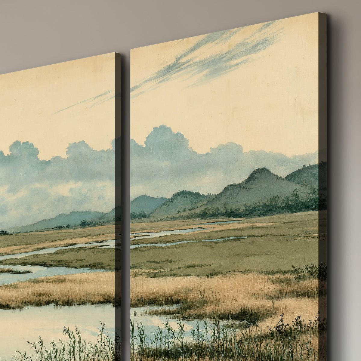 A calm marshland with reflective pools and distant blue-green hills under a clouded sky 3 piece canvas wall art room and product view