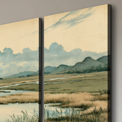 A calm marshland with reflective pools and distant blue-green hills under a clouded sky 3 piece canvas wall art room and product view