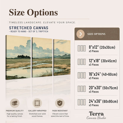 A calm marshland with reflective pools and distant blue-green hills under a clouded sky 3 piece canvas wall art available dimensions; triptych dimensions are per panel