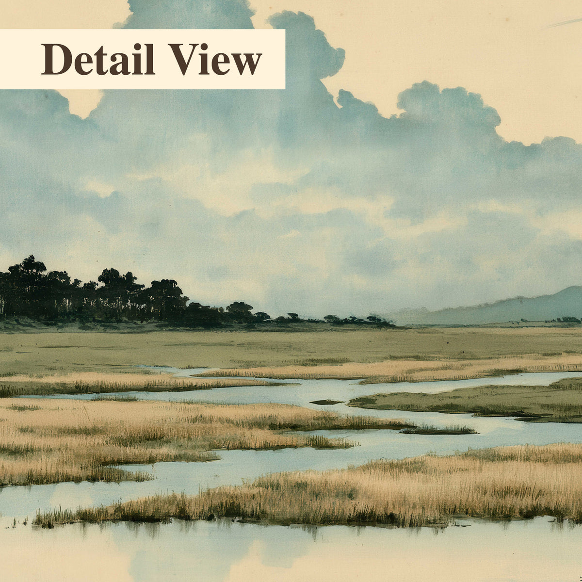 A calm marshland with reflective pools and distant blue-green hills under a clouded sky 3 piece canvas wall art artwork detail close up