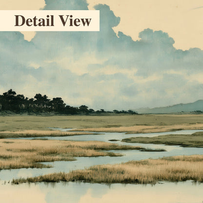 A calm marshland with reflective pools and distant blue-green hills under a clouded sky 3 piece canvas wall art artwork detail close up